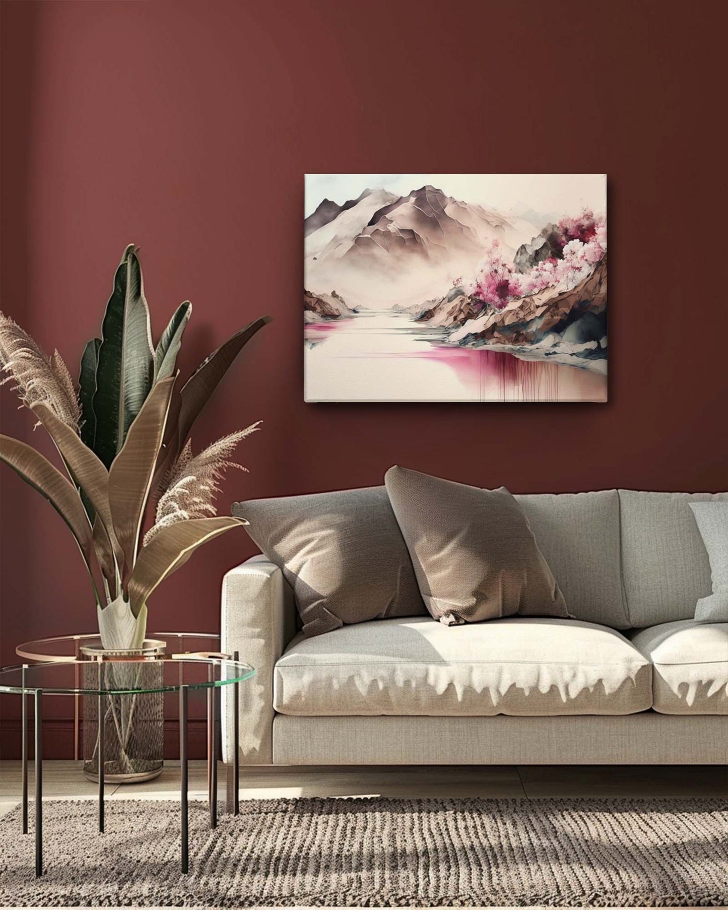 The modern mountain canvas art in a dark background living room with minimal fur features a serene landscape of softly colored peaks. The dark backdrop makes the pastel hues of the artwork stand out, creating a gentle contrast. The minimal furniture adds a touch of texture and warmth without overwhelming the space, enhancing the artwork's calm and sophisticated aesthetic.-Muselot