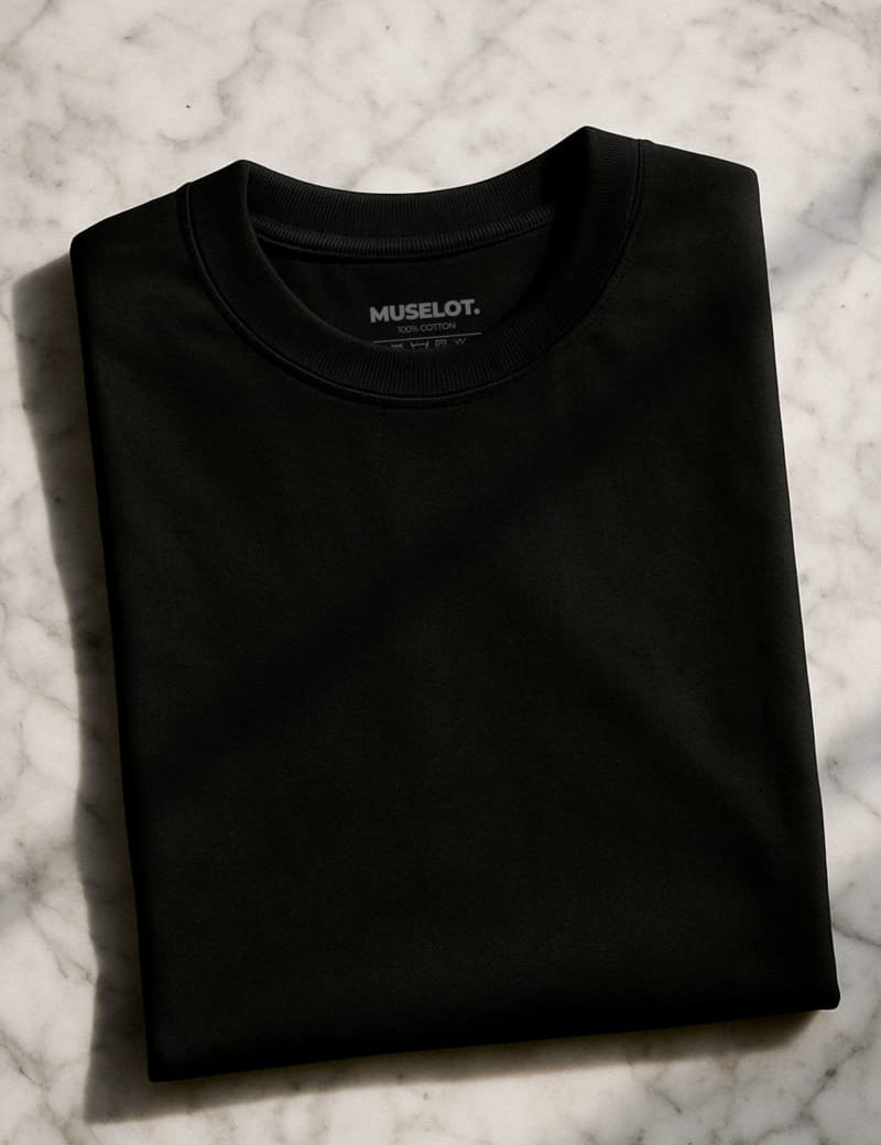 A unisex oversized black T-shirt is kept neatly folded on a sunlit marble surface, showcasing it's smooth texture and deep hue of the fabric, making it a bold yet minimal statement — Muselot.