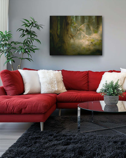 Ethereal forest path modern canvas art on a light wall, paired with a vibrant red sofa in the living room, creates a striking and balanced look. The light backdrop enhances the artwork's serene and mystical qualities, while the bold red sofa adds a vibrant contrast. This combination brings a harmonious blend of tranquility and energy to the space, making the art a captivating focal point-Muselot