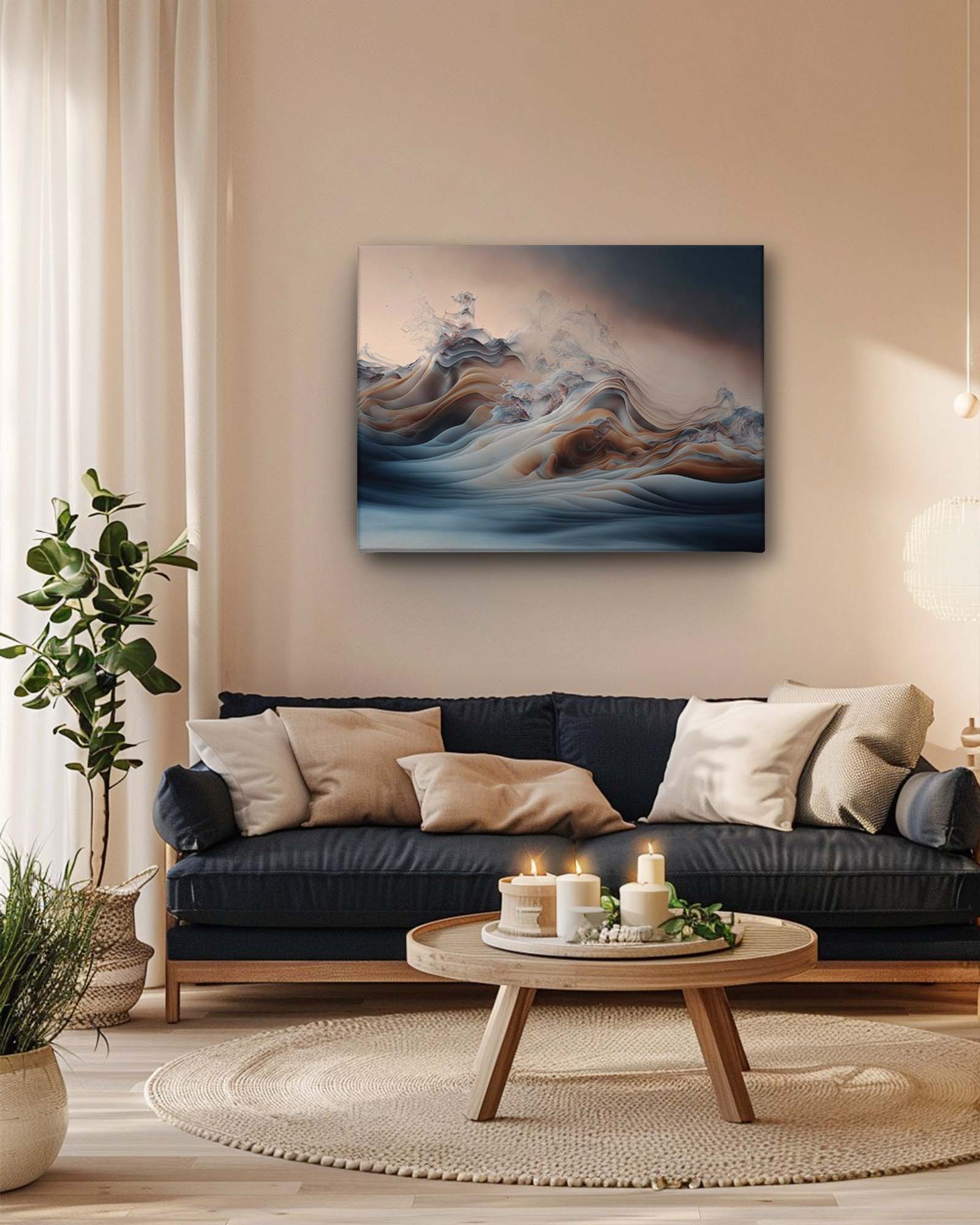 A abstract canvas art of ocean waves, hanged on a peach colored wall, paired with a dark furniture in a coffee area, highlighting a calming and ethereal feel-Muselot