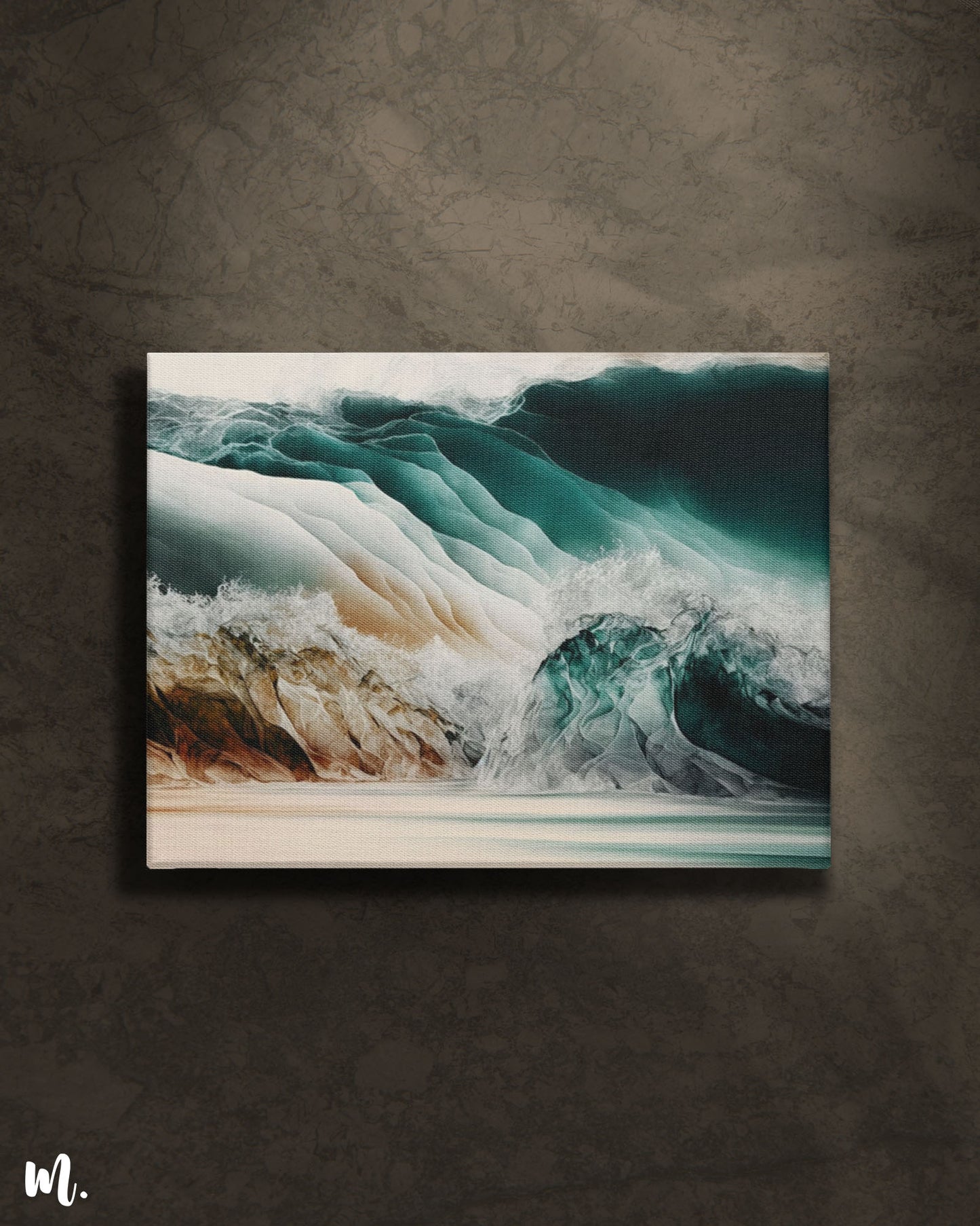 A abstract canvas art, placed against a dark wall, showcasing the serene, airy feel, enhancing its calm and fluid nature-Muselot