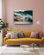 A modern abstract art of ocean waves placed on light pink wall, paired with a mustard yellow sofa, highlighting a modern and minimalist aesthetic to the room-Musleot
