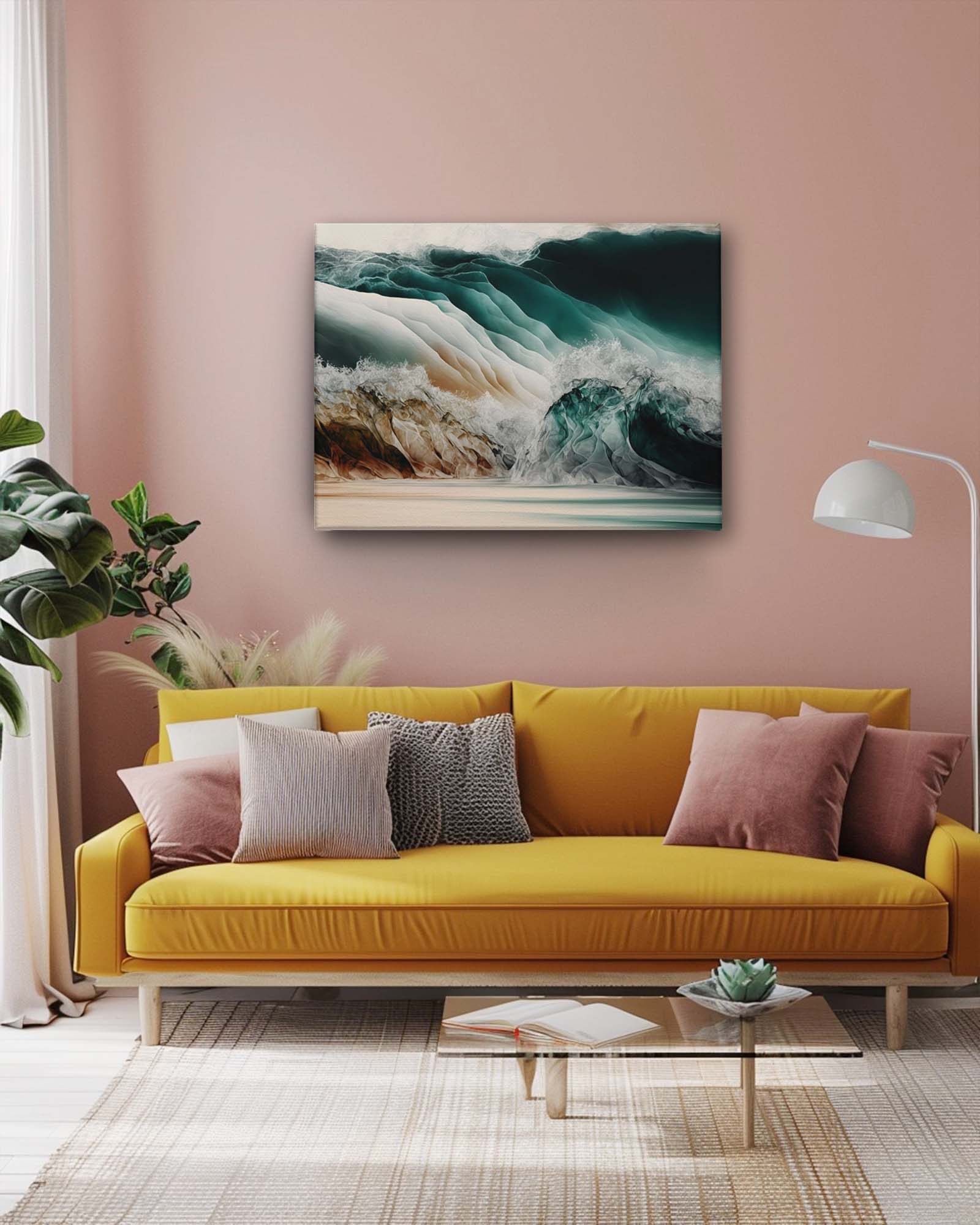 A modern abstract art of ocean waves placed on light pink wall, paired with a mustard yellow sofa, highlighting a modern and minimalist aesthetic to the room-Musleot