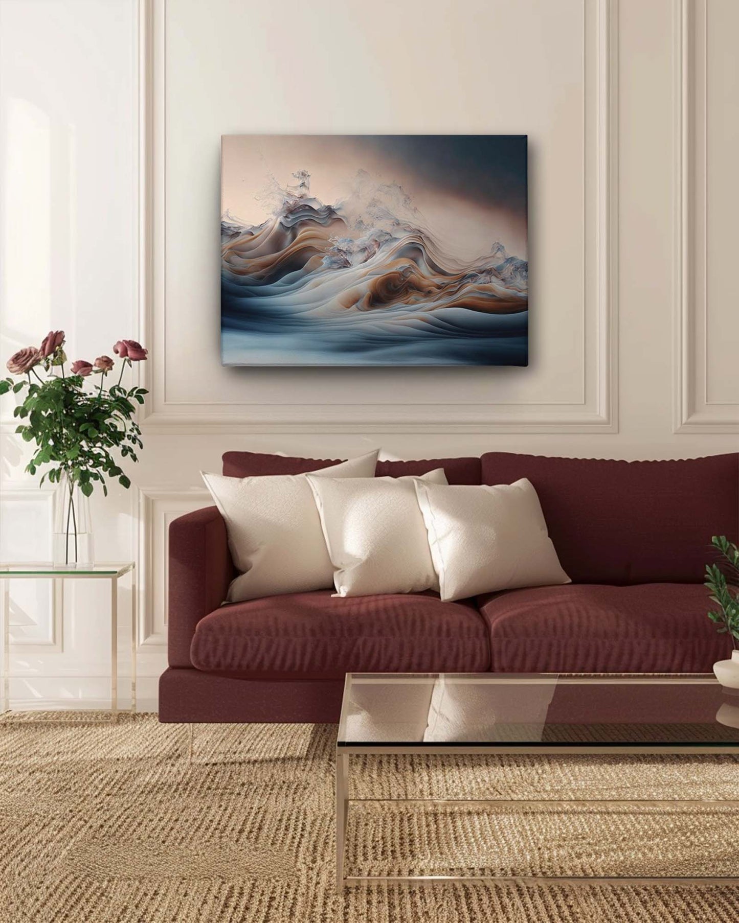 A modern abstract art of ocean waves is hanged on a cream wall of a living room, with a netural furniture, highlighting a warm and clam atmosphere-Muselot