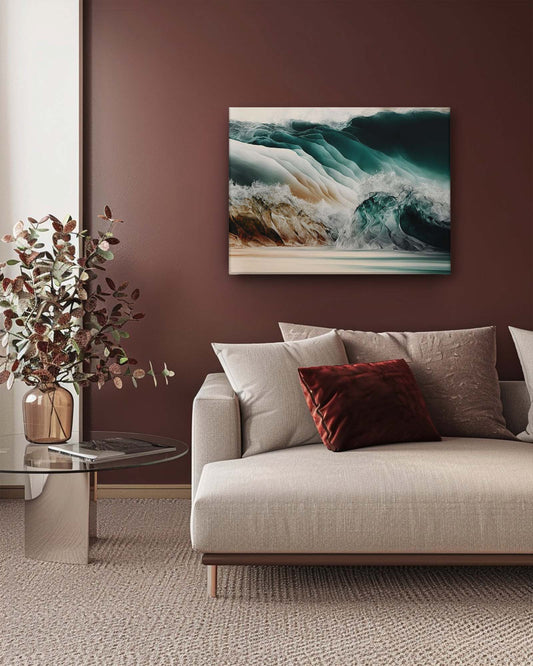 Modern ocean waves abstract art on a dark colored wall of a living room with a neutral furniture, it features a color palette of browns, blues, and greens. The smooth transitions between colors and the intricate details give the artwork a calming and ethereal feel- Muselot