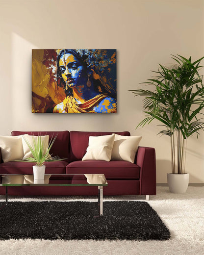 Radha modern abstract art canvas on a cream background, paired with a maroon sofa, creates a harmonious and elegant look. The cream backdrop enhances the artwork’s vibrant colors and intricate details, while the maroon sofa adds a rich, contrasting element. This combination brings a sophisticated and warm touch to the living room, making the art a striking focal point.-Muselot