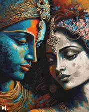 A close-up view of the modern Radha Krishna wall art canvas reveals the intricate details and vibrant colors of the depiction. This highlights the delicate brushwork, the interplay of hues, and the textures that bring Radha and Krishna to life. This detailed perspective emphasizes the modern style and spiritual depth of the artwork-Muselot