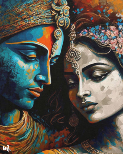 A close-up view of the modern Radha Krishna wall art canvas reveals the intricate details and vibrant colors of the depiction. This highlights the delicate brushwork, the interplay of hues, and the textures that bring Radha and Krishna to life. This detailed perspective emphasizes the modern style and spiritual depth of the artwork-Muselot