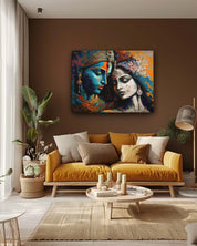 The modern Radha Krishna wall art canvas in a dark wall sunlight-lit living room features a dynamic and contemporary depiction of Radha and Krishna. The dark wall enhances the artwork’s vivid colors and intricate design, while the natural sunlight highlights the details and adds a warm glow. This combination creates a vibrant and elegant focal point, enriching the room’s ambiance with a blend of spiritual and modern elements.-Muselot