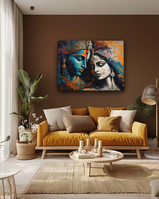 The modern Radha Krishna wall art canvas in a dark wall sunlight-lit living room features a dynamic and contemporary depiction of Radha and Krishna. The dark wall enhances the artwork’s vivid colors and intricate design, while the natural sunlight highlights the details and adds a warm glow. This combination creates a vibrant and elegant focal point, enriching the room’s ambiance with a blend of spiritual and modern elements.-Muselot