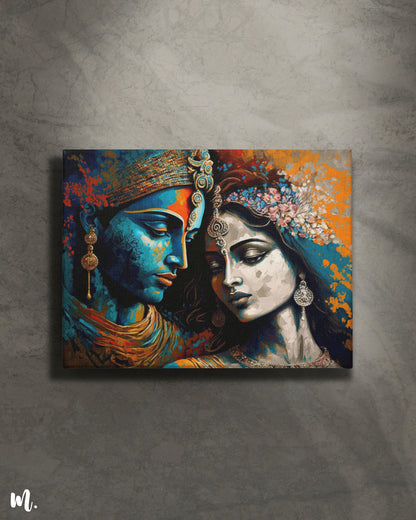 The modern Radha Krishna wall art canvas on a grey background features a contemporary and elegant depiction of Radha and Krishna. The neutral grey backdrop highlights the artwork’s vibrant colors and intricate details, creating a striking contrast that enhances the piece's visual impact. This combination adds a sophisticated and serene touch to the space-Muselot