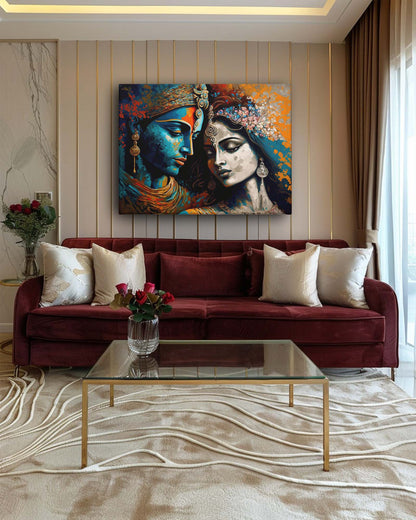 The modern Radha Krishna wall art canvas in a modern living room features a contemporary and stylish depiction of the iconic duo. The artwork’s sleek design and vibrant colors complement the room’s modern aesthetic, adding a sophisticated and spiritual focal point. The integration of this art piece enhances the room’s elegance and contemporary flair-Muselot