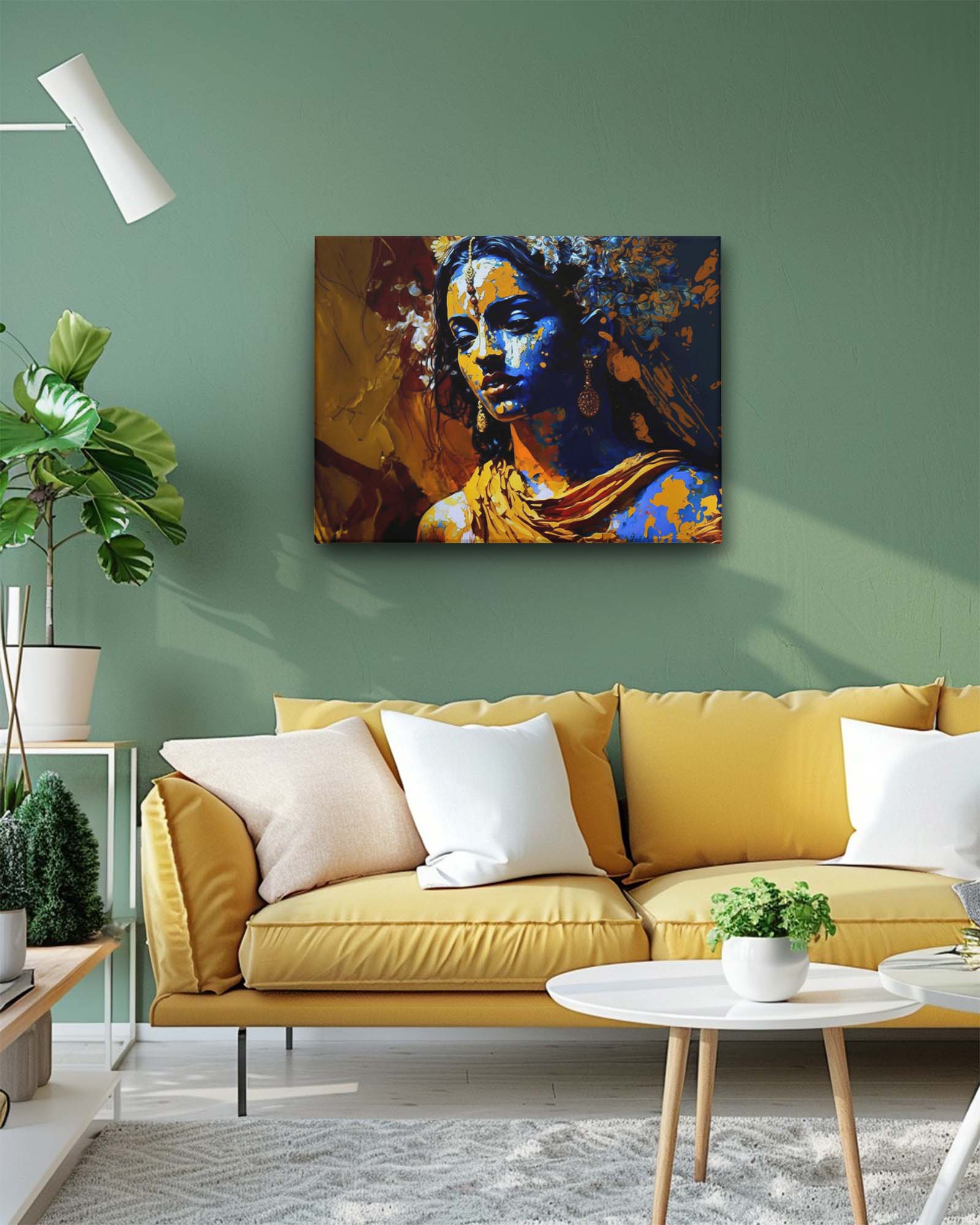 Radha rani modern art canvas on a plain wall in a well-lit living room features a vibrant and evocative depiction of Radha in Krishna's colors. The ample lighting highlights the artwork’s rich hues and intricate details, while the plain wall ensures that the art remains the focal point. This setup creates a dynamic and elegant atmosphere, bringing a touch of spiritual beauty and sophistication to the room.-Muselot