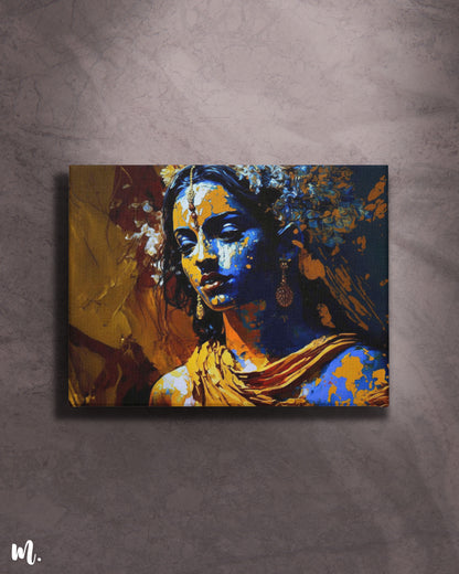 Radha rani abstract modern art canvas on a dark background features a striking depiction of Radha, illuminated by vibrant hues inspired by Krishna. The dark backdrop enhances the artwork's rich colors and intricate details, creating a dramatic and captivating focal point that adds depth and elegance to the space-Muselot