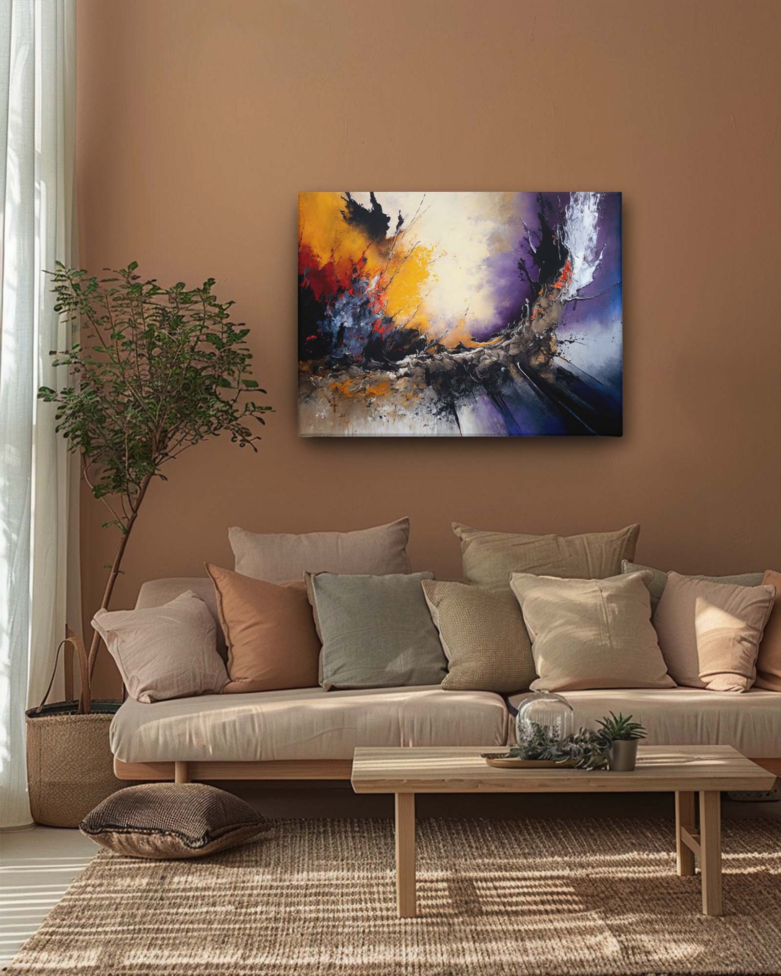 Raging sunset modern simple abstract art, displayed on a peach wall of an coffee area, introducing a burst of energy and color into the room, while the furniture and decor maintain a serene and inviting atmosphere-Muselot