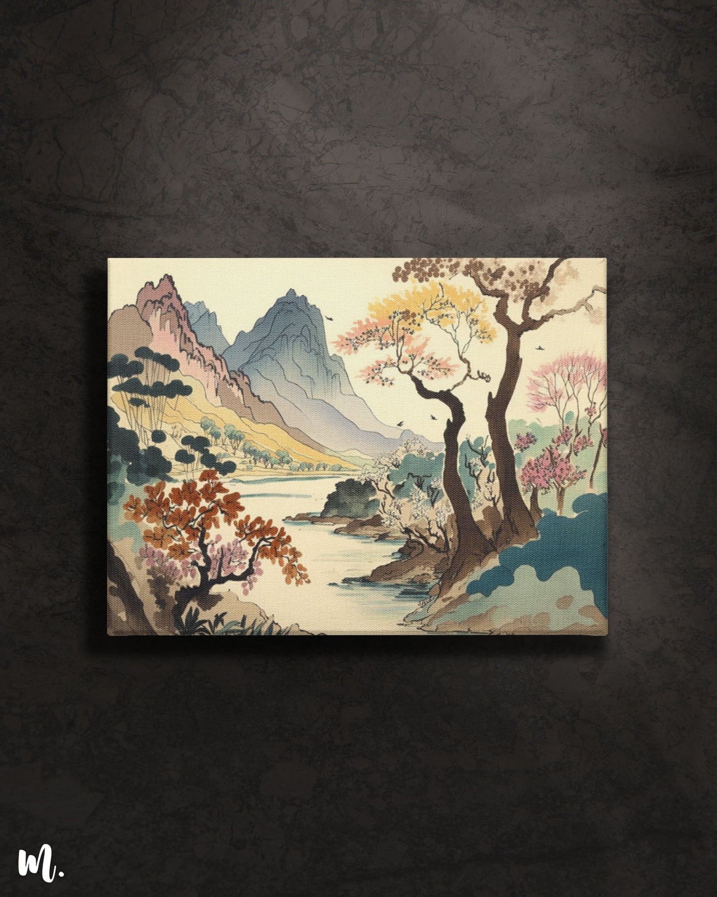 The watercolor landscape ink art canvas on a dark background features a serene landscape with soft, flowing colors and intricate ink details. The dark backdrop highlights the artwork’s delicate hues and creates a dramatic contrast, enhancing the landscape’s subtle beauty and depth.-Muselot