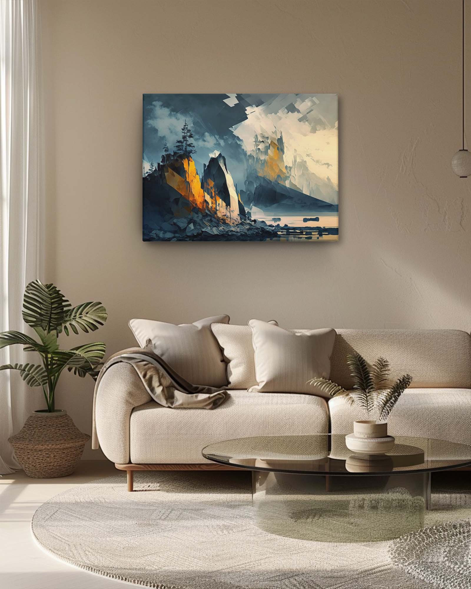 modern riverside canvas art in a neutral modern living room features a serene and atmospheric twilight scene. The neutral tones of the room complement the artwork’s subtle gradients and elegant design, creating a harmonious and sophisticated focal point. This combination enhances the room’s contemporary aesthetic and adds a tranquil, refined touch-Muselot