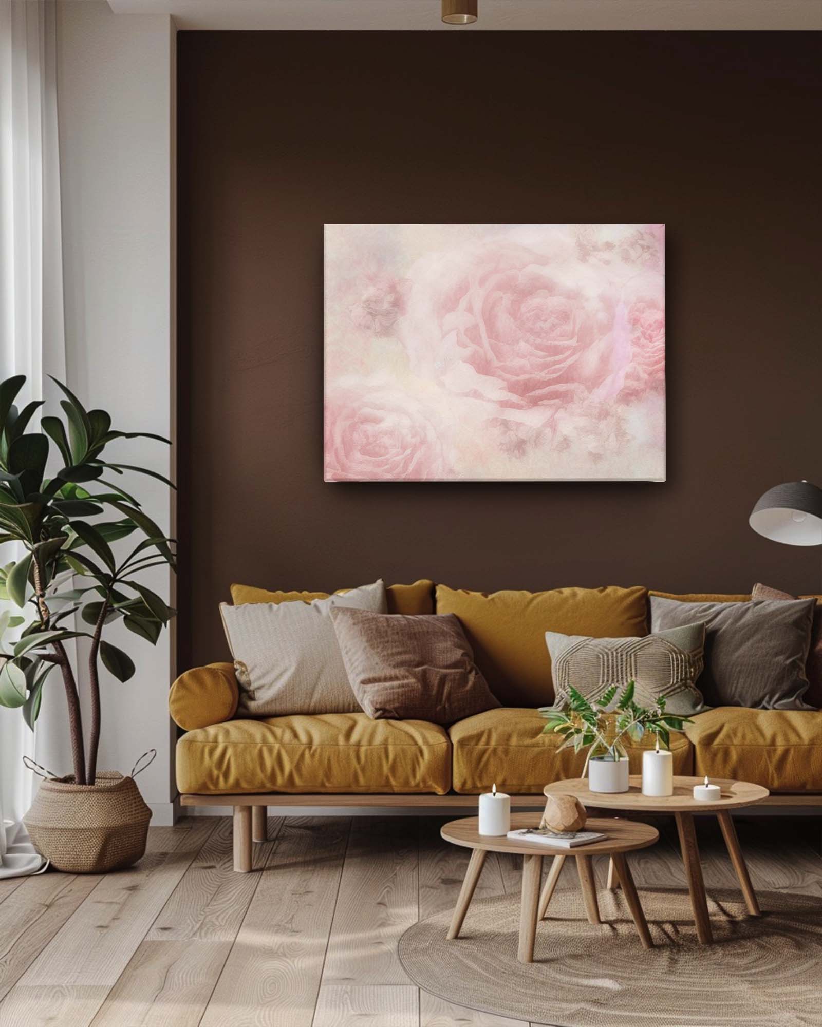 Roses abstract art on a brown wall in the living room features a dreamlike depiction of flowers. The rich brown backdrop enhances the artwork's vibrant colors and surreal details, creating a warm and sophisticated contrast. This combination adds depth and elegance, making the art a compelling focal point in the space.-Muselot






