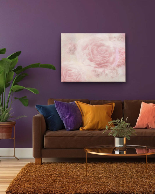 Roses modern abstract canvas art on a dark purple wall in the living room features an enchanting depiction of flowers in a surreal style. The dark purple backdrop enhances the artwork’s vivid colors and ethereal details, creating a striking contrast. This combination adds a touch of elegance and mystery, making the art a captivating focal point in the room.-Muselot