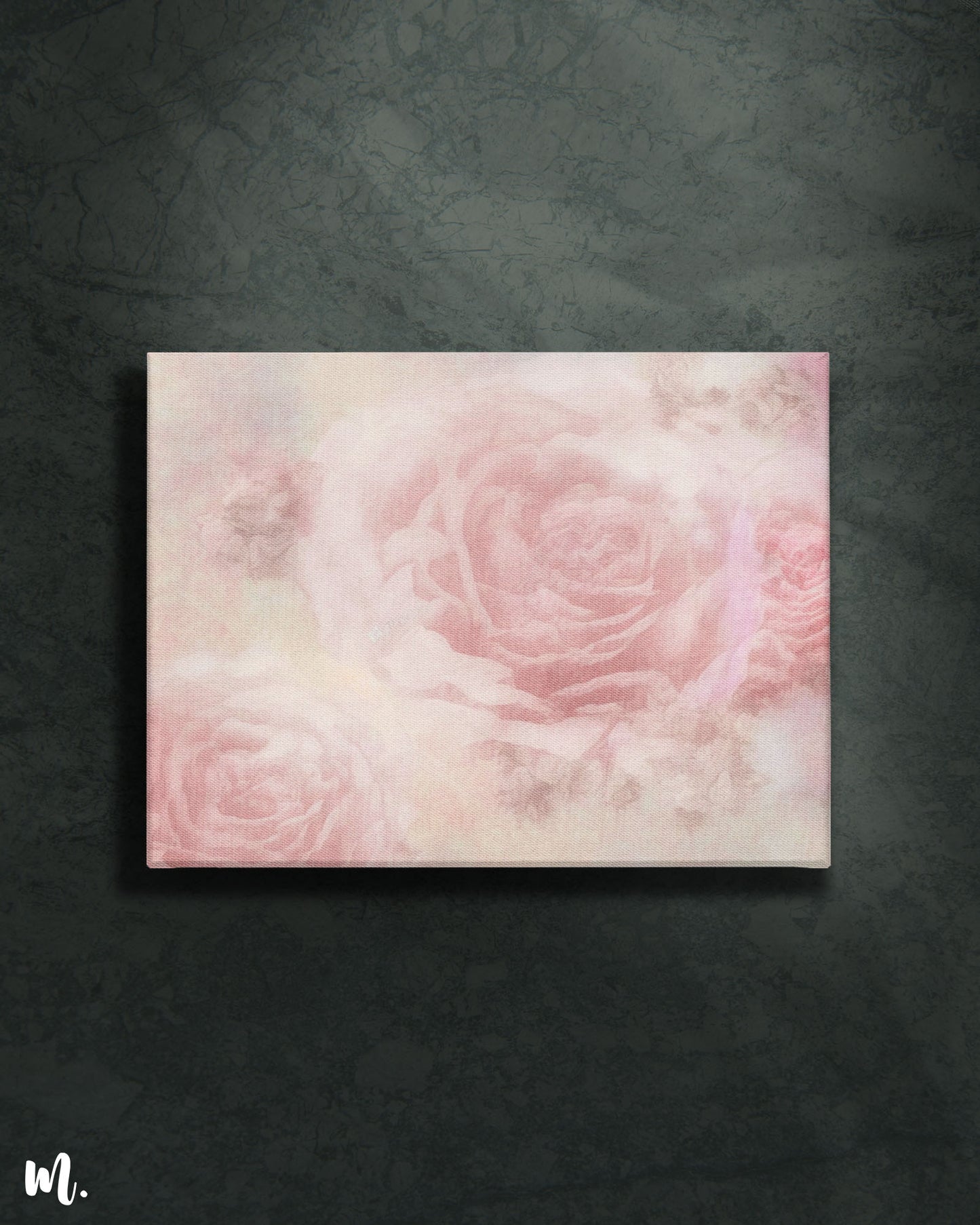 roses modern surreal abstract canvas art on a dark background features an otherworldly depiction of flowers with vivid, ethereal colors. The dark backdrop enhances the artwork's intricate details and surreal elements, creating a striking and dramatic focal point. This setup adds depth and elegance to the space, emphasizing the artwork's enchanting quality.-Muselot