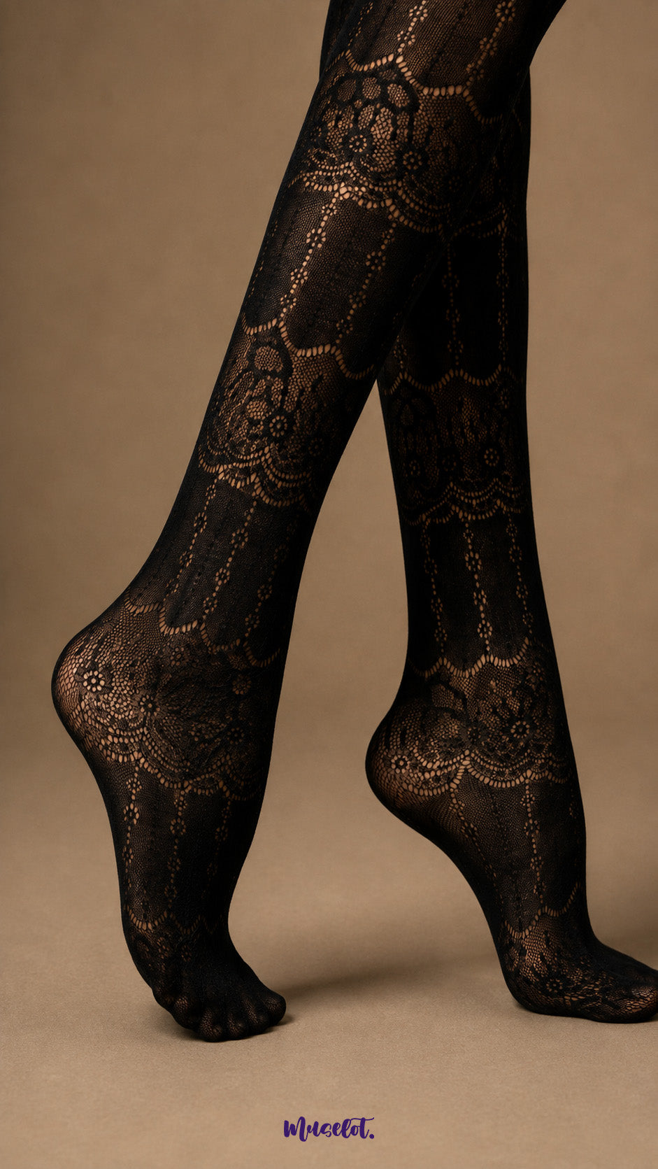 Close-up of black designer lace stockings showing intricate ornamental lace pattern, semi-sheer texture and fully covered feet - Muselot