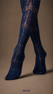 Close-up of Sapphire Blue designer lace stockings showing ornamental lace pattern, semi-sheer texture and closed-toe foot coverage - Muselot