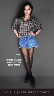 A model wearing black sheer tights for women, posing with her hands on her waist, showcasing the smooth transparent material-Muselot