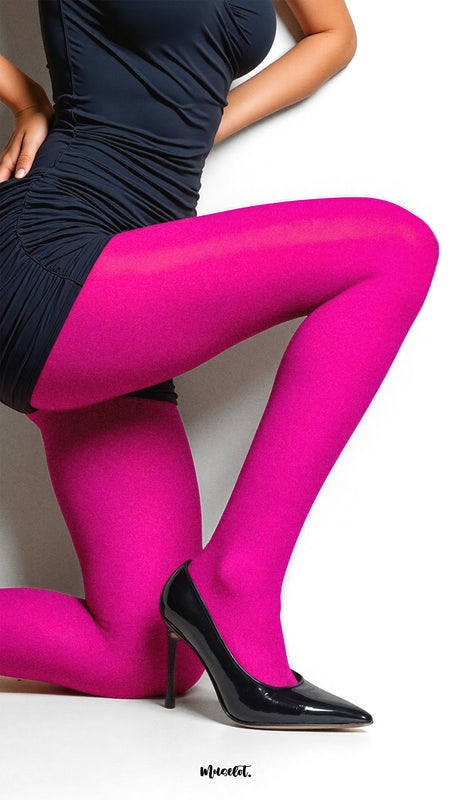 A chic woman in a black outfit wearing stylish hot pink semi-opaque stockings with heels, highlighting vibrant color, sleek stretch, and bold fashion appeal - Muselot