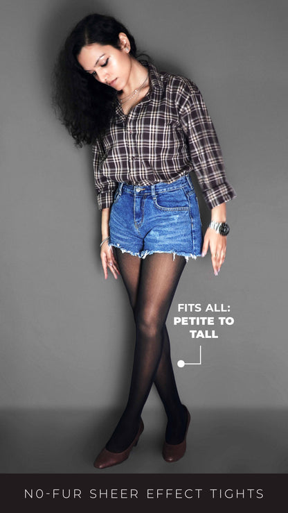 A woman wearing skin lined sheer stockings, paired with a denim shorts and brown heels, she is looking downward at her tights, highlighting the durable smooth material-Muselot