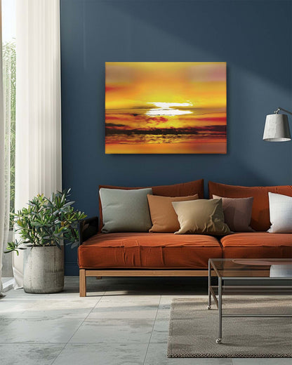 The sunrise abstract art in dark blue, set in a well-lit living room, features a striking and modern interpretation of a sunrise. The dark blue tones create a bold and sophisticated contrast, while the ample lighting enhances the artwork's vivid colors and abstract details. This setup adds a dramatic and elegant focal point to the room, enriching the space with a touch of contemporary artistry.-Muselot