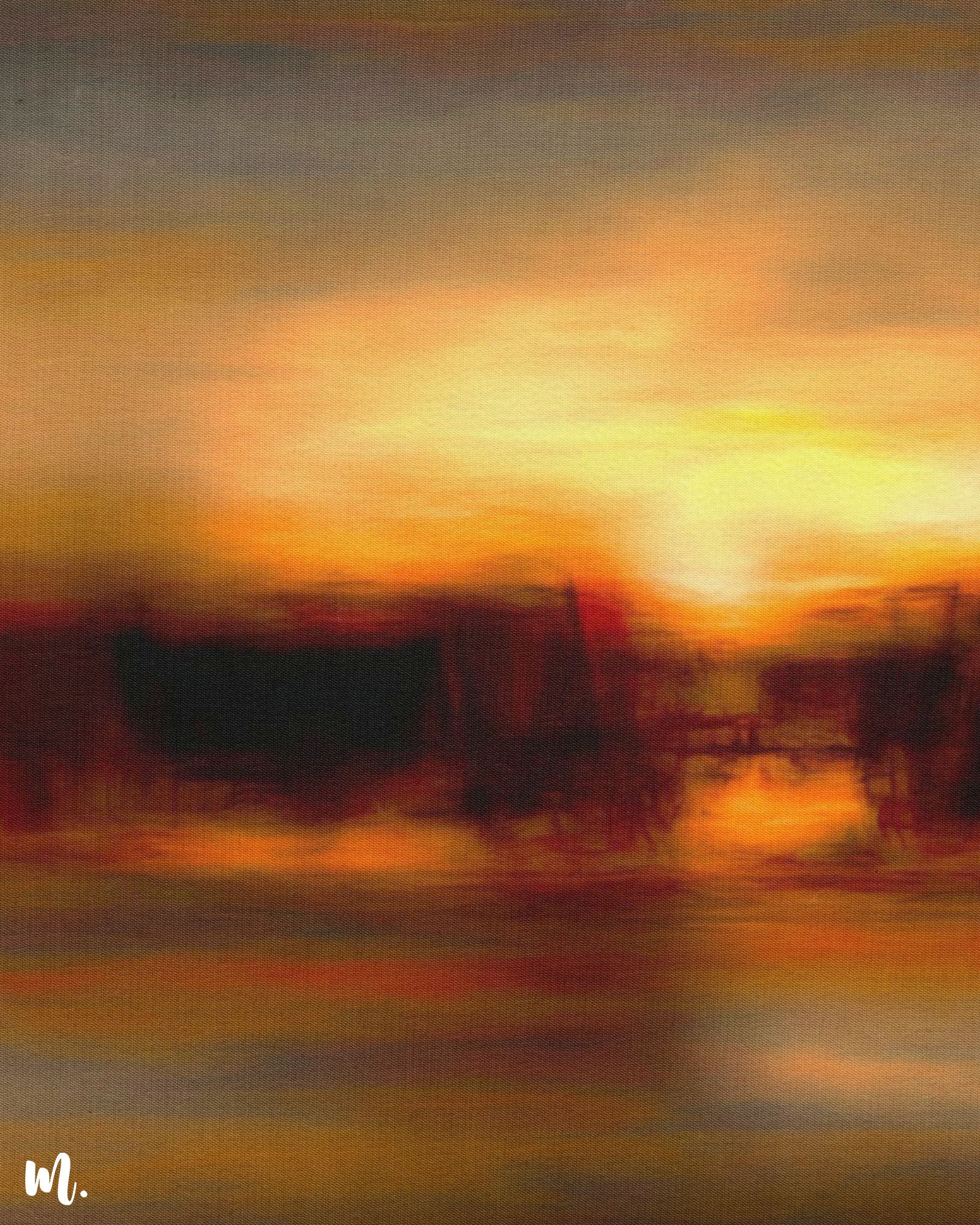 A zoomed-in view of sunrise canvas art reveals the intricate details and textures of the golden horizon scene. It highlights the subtle color gradients, delicate brushstrokes, and soft hazy effects, emphasizing the artwork’s depth and warmth. This detailed perspective brings out the nuanced beauty and sophisticated quality of the piece-Muselot