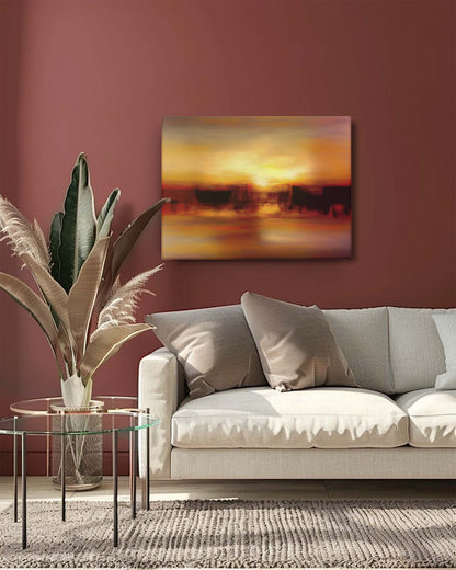 Sunrise modern canvas art on a maroon wall in a living room with neutral furniture features a captivating depiction of a golden horizon. The maroon backdrop enhances the artwork's warm tones and rich textures, while the neutral furniture provides a balanced contrast. This combination creates a striking and sophisticated focal point, adding depth and elegance to the space.-Muselot