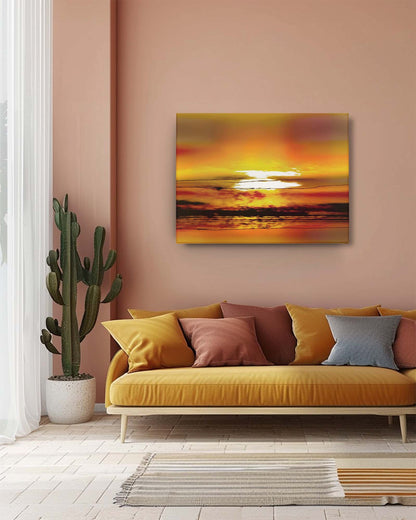 The sunrise modern abstract art on a pink wall in a yellow furniture living room features a vibrant and contemporary depiction of a sunrise. The pink backdrop and yellow furniture create a lively and dynamic contrast, highlighting the artwork’s bold colors and abstract forms. This combination brings a cheerful and energetic touch to the space, making the art a captivating focal point.-Muselot