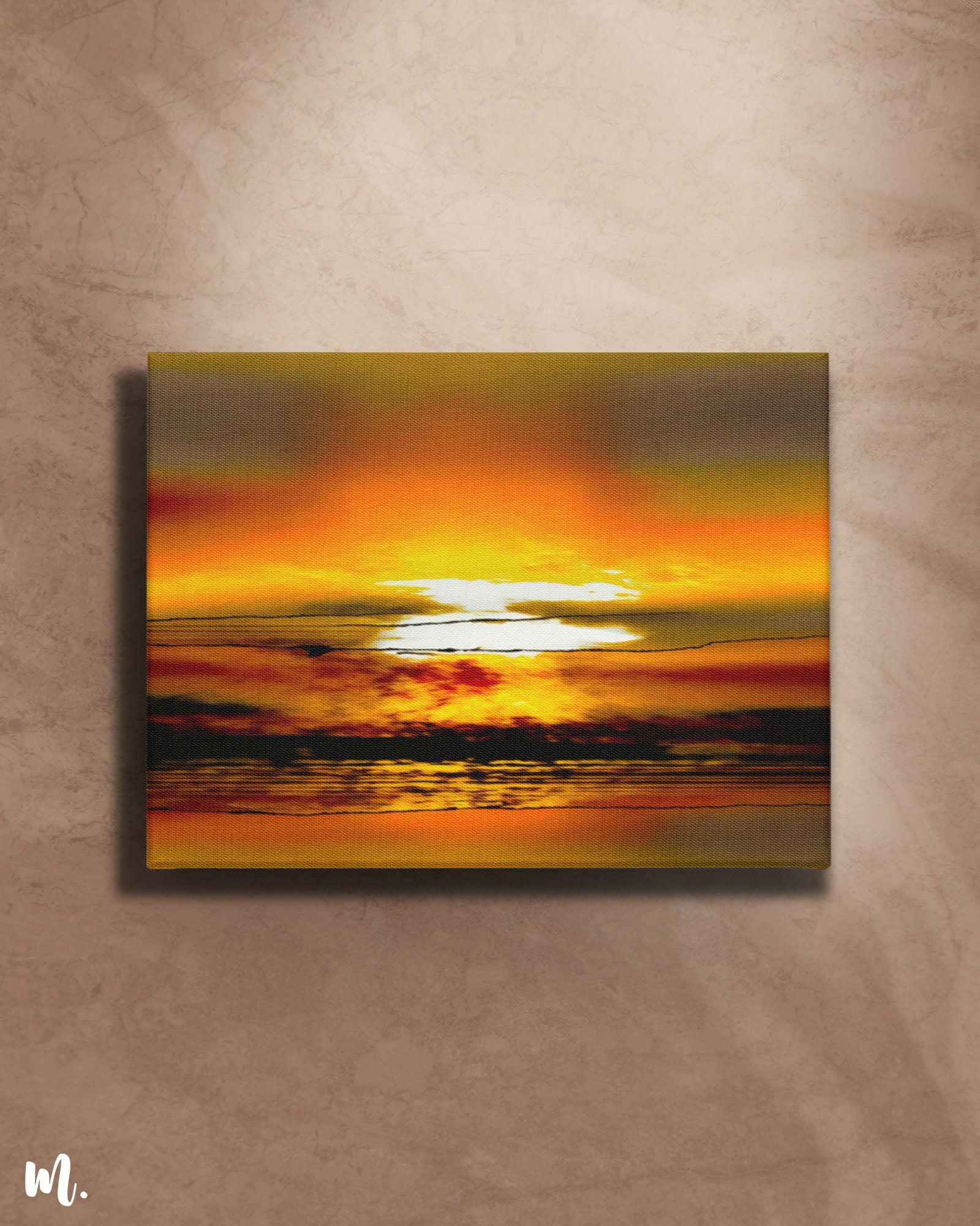 The sunrise modern abstract art on a light background features a vibrant and modern depiction of a sunrise. The light backdrop enhances the artwork’s vivid colors and abstract shapes, creating a fresh and elegant focal point. This setup adds a bright and uplifting touch to the space, emphasizing the artwork’s dynamic and contemporary qualities.-Muselot