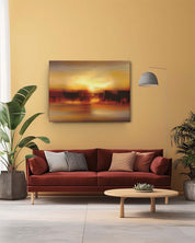The sunrise modern abstract canvas art on a cream wall in a maroon living room features a sophisticated depiction of a hazy horizon with golden tones. The cream backdrop highlights the artwork's warm hues, while the maroon furnishings provide a rich, contrasting element. This combination creates an elegant and harmonious focal point, adding depth and warmth to the living space-Muselot