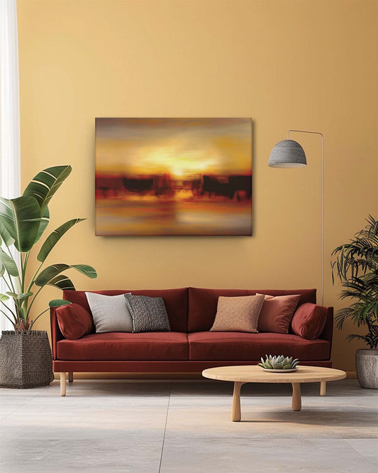 The sunrise modern abstract canvas art on a cream wall in a maroon living room features a sophisticated depiction of a hazy horizon with golden tones. The cream backdrop highlights the artwork's warm hues, while the maroon furnishings provide a rich, contrasting element. This combination creates an elegant and harmonious focal point, adding depth and warmth to the living space-Muselot