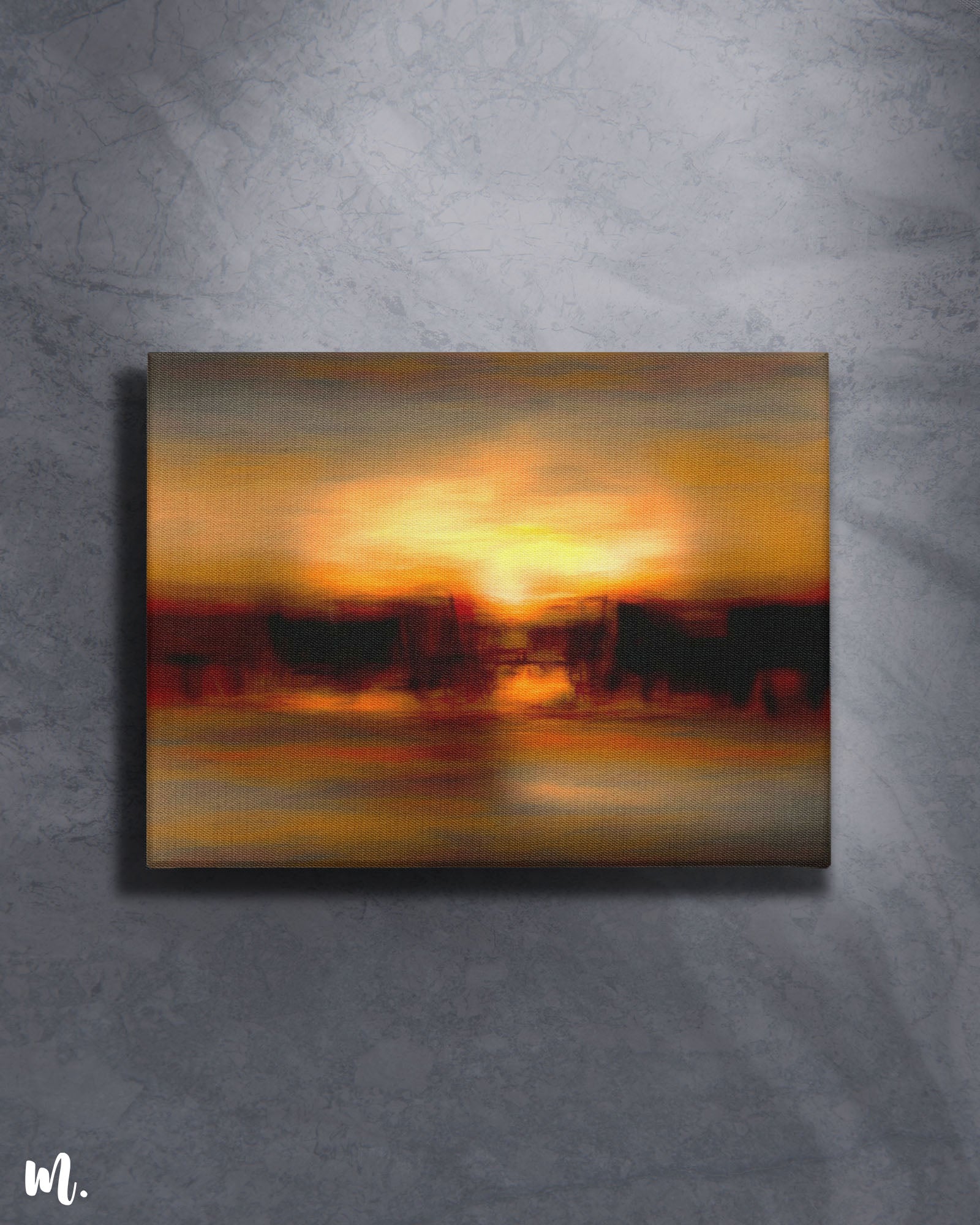 Sunrise modern abstract canvas wall art on a light background features a serene and elegant depiction of a golden horizon. The light backdrop enhances the artwork's warm, hazy tones and soft textures, creating a bright and sophisticated focal point. This setup adds a touch of tranquility and modern elegance to any space-Muselot