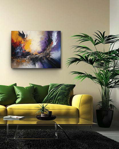 A sunset canvas modern art painting, hanging in a modern simple living room with a minimal furniture's, enhancing the look of the room-Muselot