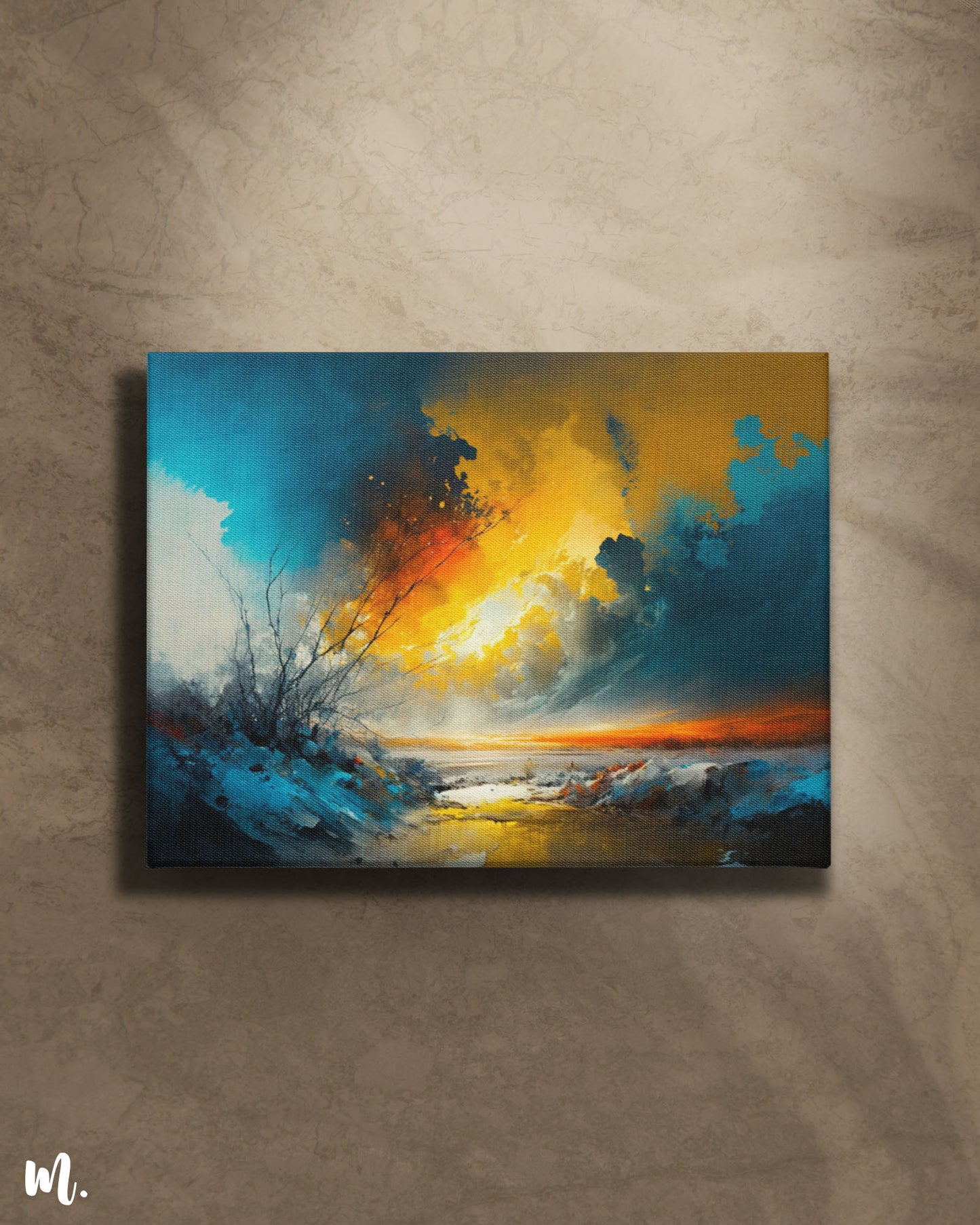 A vibrant abstract sunset painting with swirling shades of orange, yellow, and blue is mounted on a light wall. The modern frame adds sophistication, highlighting the artwork's blend of natural beauty and contemporary design-Muselot