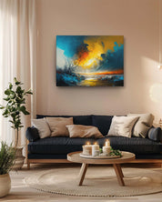 Abstract sunset art in a living room, mounted on a cream colored wall, adding a exquisite and modern touch to the room-Muselot
