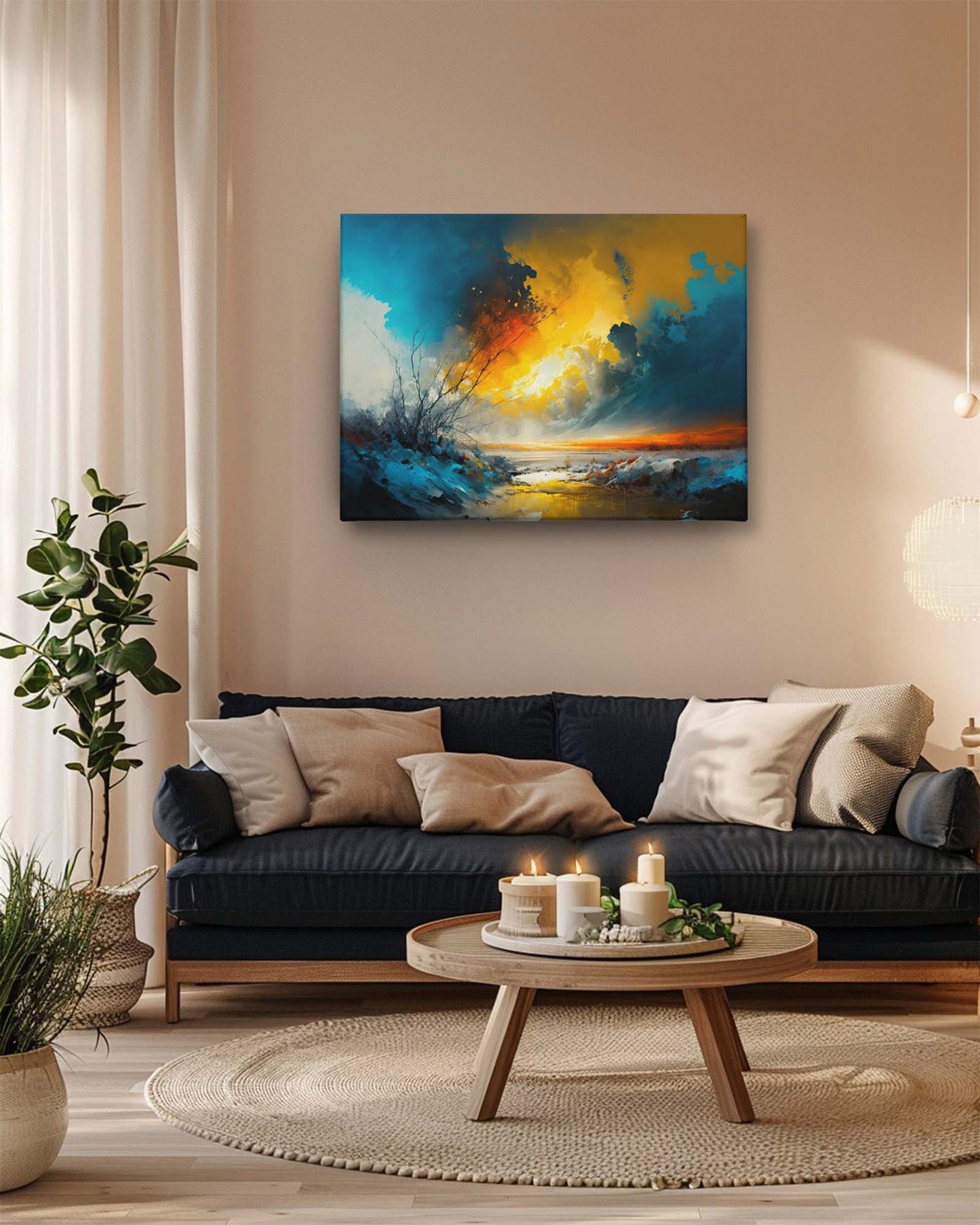 Abstract sunset art in a living room, mounted on a cream colored wall, adding a exquisite and modern touch to the room-Muselot
