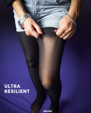 The model confidently adjusts her black ultra-resilient stockings, showcasing their strength and durability - Muselot