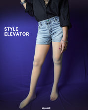 Model in skin-tone tear-proof stockings and denim shorts, enhancing her look, highlighting the durable and fashionable hosiery- Muselot