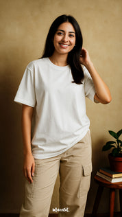 A woman wearing a unisex oversized white T-shirt smiles effortlessly while touching her hair, showcasing the breezy, comfortable material of the tee and its versatile style perfect for an everyday casual and relaxed look — Muselot