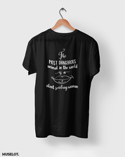 Cool funny printed t shirts for women in black colour printed with the most dangerous animal in the world is a silent smiling woman - MUSELOT