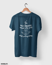 Cool funny printed t shirts for women in navy blue colour printed with the most dangerous animal in the world is a silent smiling woman - MUSELOT