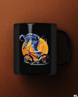 Cyclist in space printed mugs