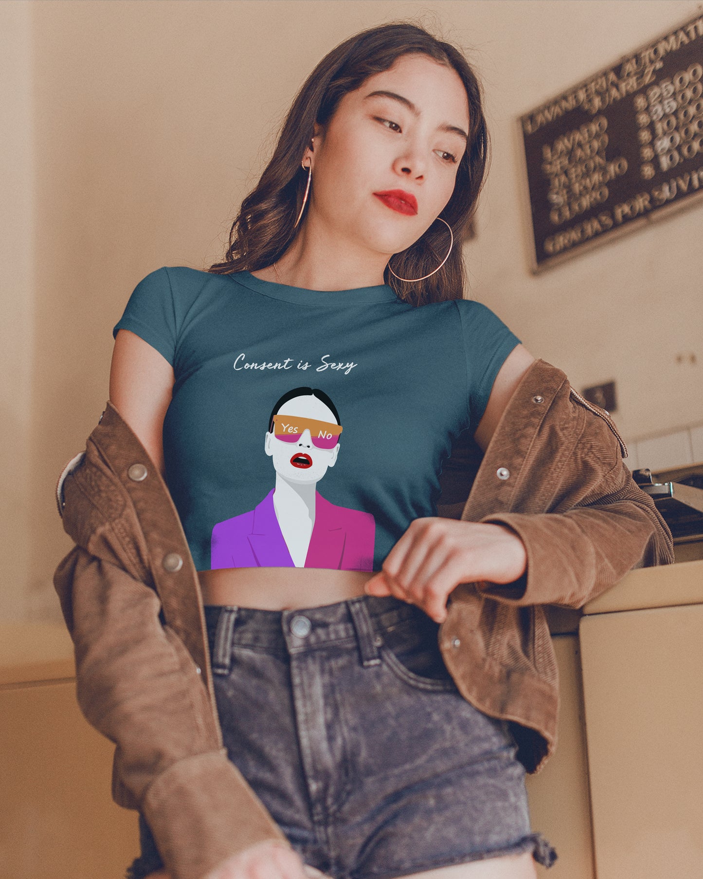 Consent is sexy navy blue printed crop t shirt for women - Muselot