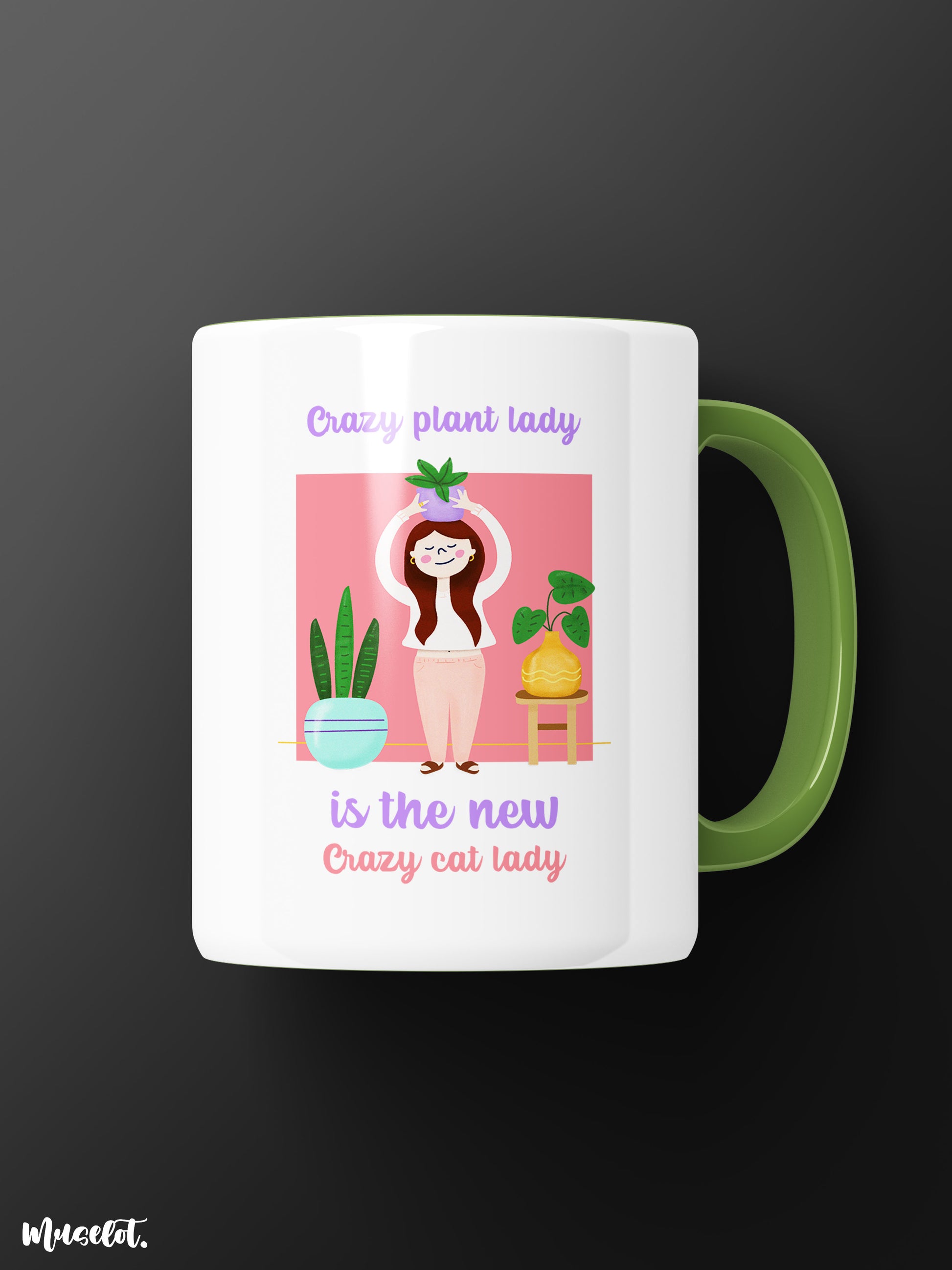 Crazy plant lady is the new crazy cat lady design illustrated white printed mugs at Muselot