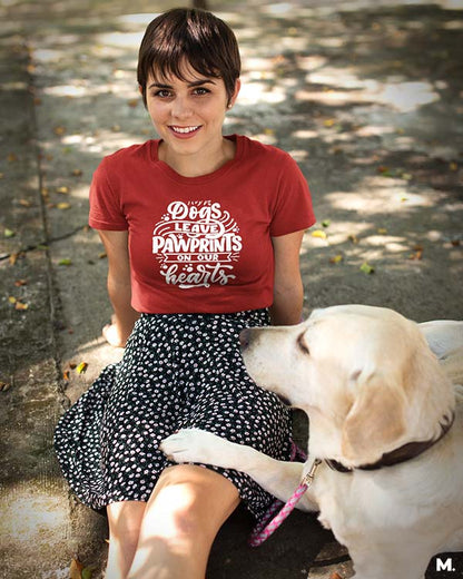 Dogs leave pawprints on our heart red printed t shirts for dog lovers at Muselot